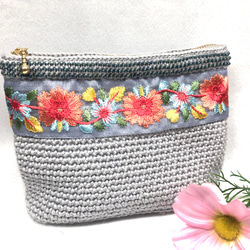 ♪インド刺繍リボンのかぎ針編みポーチ(ダークブラウン)♪ ポーチ