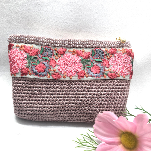 ♪インド刺繍リボンのかぎ針編みポーチ(アンティークローズ)♪ ポーチ