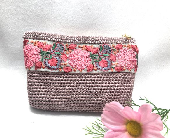♪インド刺繍リボンのかぎ針編みポーチ(アンティークローズ)♪ ポーチ