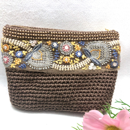♪インド刺繍リボンのかぎ針編みポーチ(ダークブラウン)♪ ポーチ