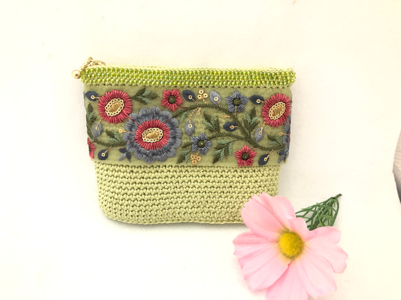 ♪インド刺繍リボンのかぎ針編みポーチ(ライムグリーン)♪ ポーチ