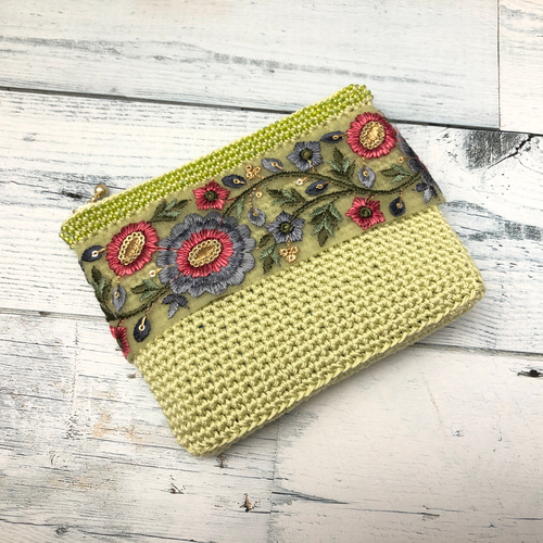 ♪インド刺繍リボンのかぎ針編みポーチ(ライムグリーン)♪ ポーチ