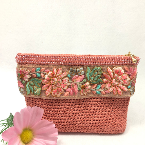 ♪インド刺繍リボンのかぎ針編みポーチ(アプリコット)♪ ポーチ