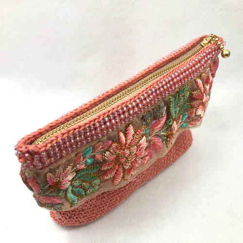♪インド刺繍リボンのかぎ針編みポーチ(アプリコット)♪ ポーチ