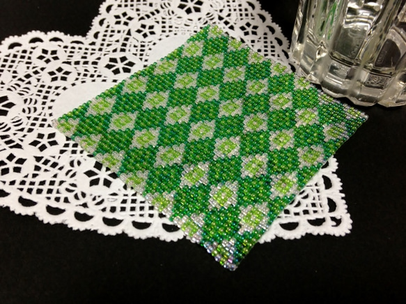 インテリアグリーン コースター ダイヤ ビーズ織りのコースター（みどりのダイヤ柄） コースター