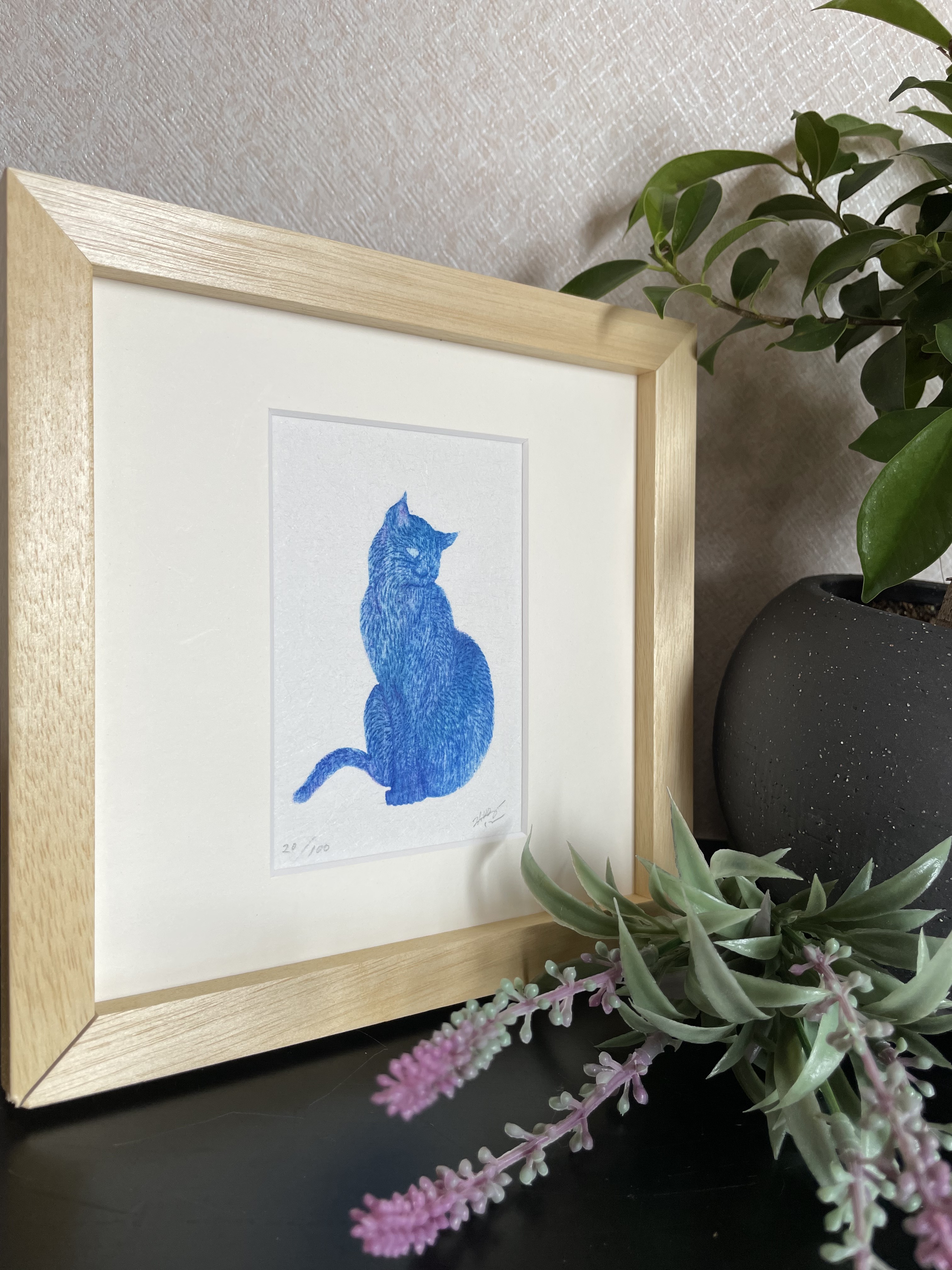 猫　絵画　天然木の額付き 猫の絵No.105・原画｜額入り・ハガキサイズ・ラッピング無料