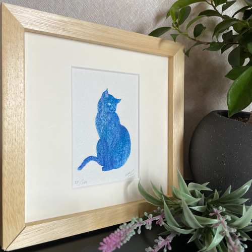 猫 絵画 天然木の額付き