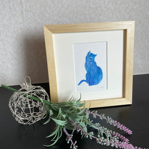 猫の小さな木版画 木製額 インテリアやプレゼントにぴったり 版画
