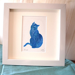 猫の小さな木版画　ホワイト額　インテリアやプレゼントにぴったり 7枚目の画像