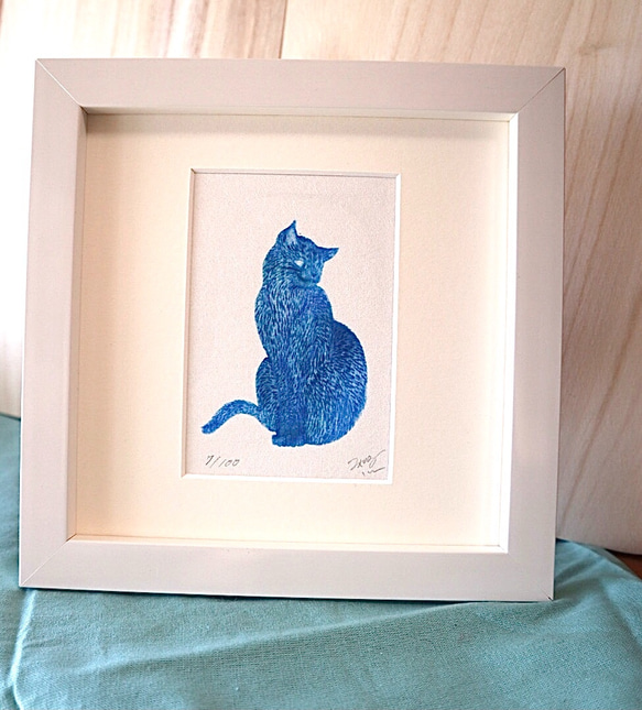 猫の小さな木版画　ホワイト額　インテリアやプレゼントにぴったり 7枚目の画像