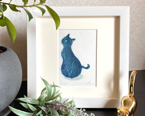 小さな猫の木版画 インテリアやプレゼントにぴったり その他