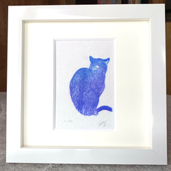 猫の小さな木版画　ホワイト額　インテリアやプレゼントにぴったり 1枚目の画像