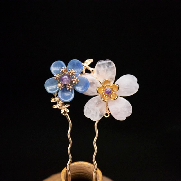 水晶のお花のかんざし 簪 パワーストーン U型 和装髪飾り 浴衣 和服 