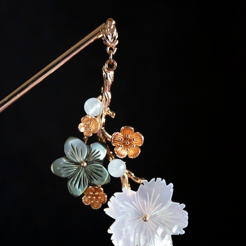 蝶貝細工シェルフラワーの花枝 かんざし 簪 和装髪飾り ヘア