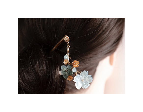 蝶貝細工シェルフラワーの花枝　かんざし　簪　和装髪飾り　ヘアアクセサリー 9枚目の画像