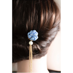青い玉　かんざし　チェコガラスビーズ　蕾　Uピン　和装髪飾り　ヘアアクセサリー 8枚目の画像