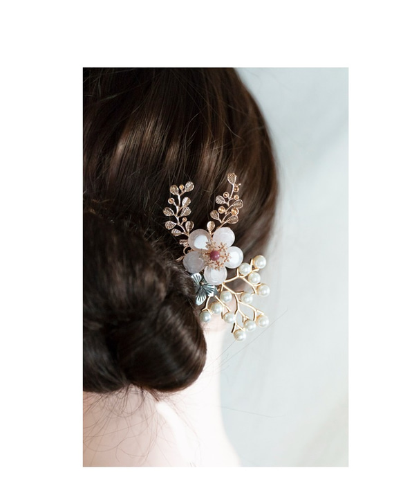 天然石ローズクォーツと黒蝶貝の花のヘアコーム　髪飾り　簪　ヘアアクセサリー　 9枚目の画像