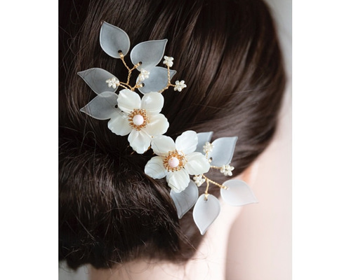 馬蹄螺細工の花とパールのヘアコーム ヘアアクセサリー