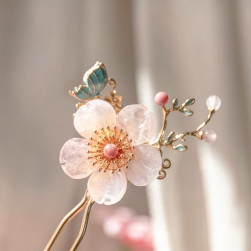 天然石ローズクォーツのお花と蝶のかんざし 二本挿し 桃の花 かんざし