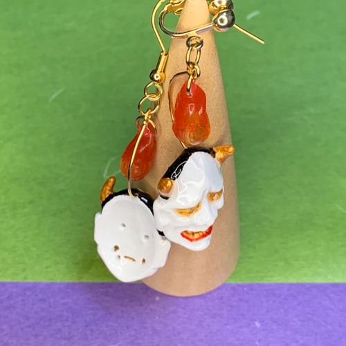 般若面と炎(ほむら)のピアス ピアス（フック・チェーン