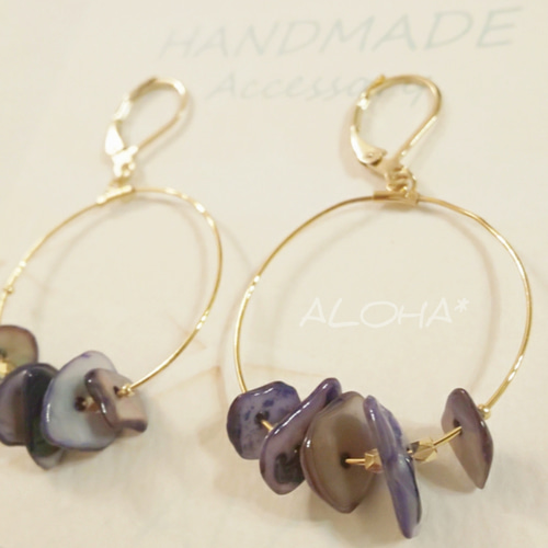 ネイビー ベージュ 天然シェル フープ ピアスorイヤリング ピアス