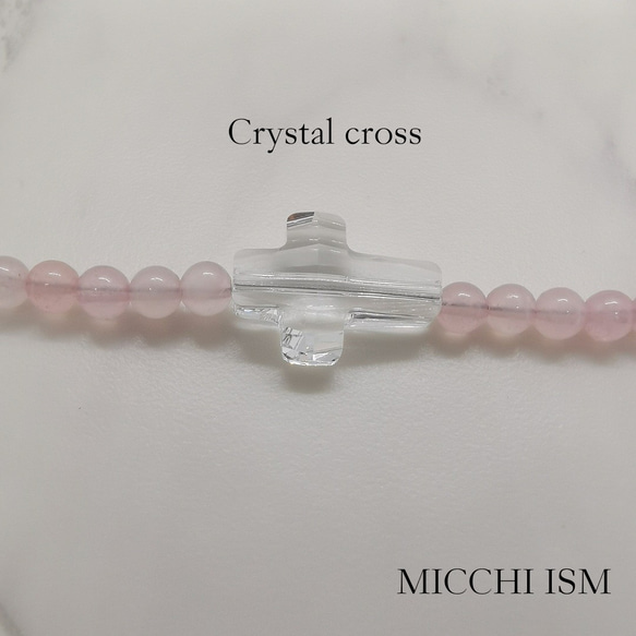 Pink Quartz&Crystal cross necklace 4mm 35~55cm Luxury handma 3枚目の画像