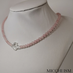 Pink Quartz&Crystal cross necklace 4mm 35~55cm Luxury handma 6枚目の画像