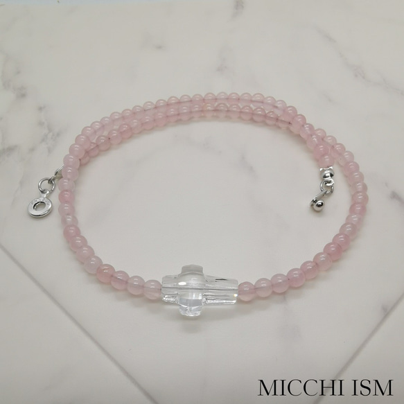 Pink Quartz&Crystal cross necklace 4mm 35~55cm Luxury handma 7枚目の画像