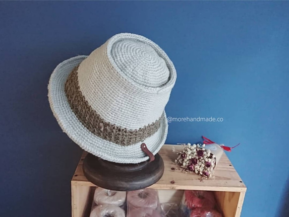 MHメイクポークパイハットグレーブルー（スポット）フェドーラ麦わら帽子夏手作り織り 2枚目の画像