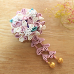 受注】つまみ細工 下がり揺れるあじさい風髪飾り-紫- かんざし yukiの