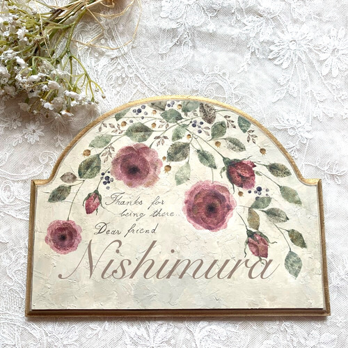 トールペイント、アンティーク風バラのショップボード、ネームプレート