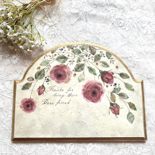 トールペイント、アンティーク風バラのショップボード、ネームプレート