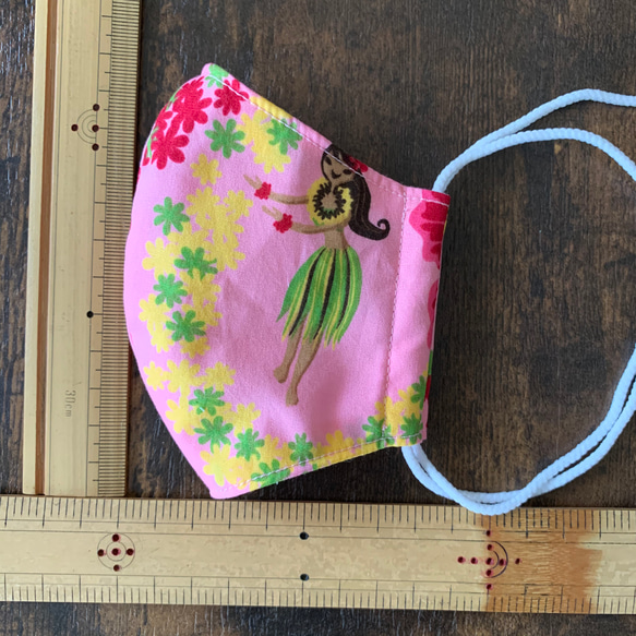 【送料無料】ハワイアン　子ども用　ハンドメイドマスク ピンク　フラガール☆布マスク　ケイキ 5枚目の画像