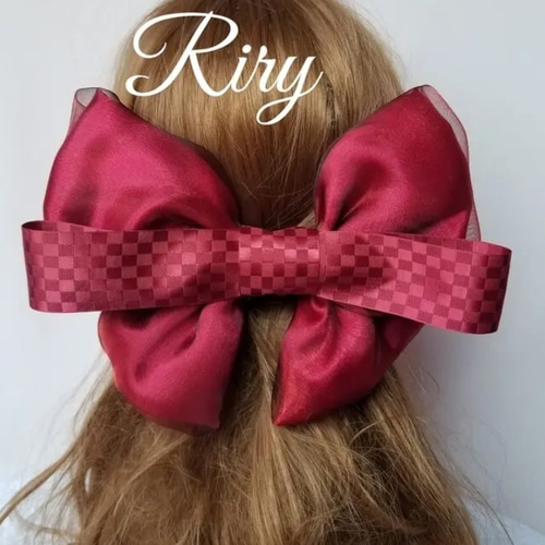 1点限りセール】市松模様ボルドーリボンと変わりオーガンジーサテン  