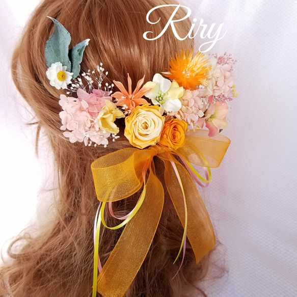 濃いめオレンジ、ピンク、黄色系 髪飾り ヘッドドレス オーガンジーリボン付き オレンジ 髪飾り ヘッドドレス 4枚目の画像