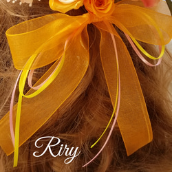 濃いめオレンジ、ピンク、黄色系 髪飾り ヘッドドレス オーガンジーリボン付き オレンジ 髪飾り ヘッドドレス 5枚目の画像