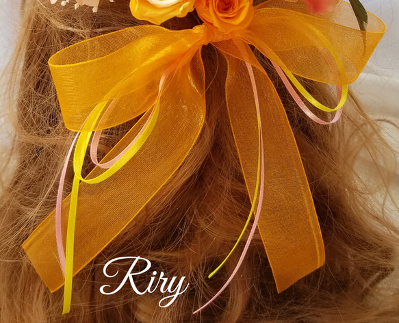 濃いめオレンジ、ピンク、黄色系 髪飾り ヘッドドレス オーガンジーリボン付き オレンジ 髪飾り ヘッドドレス 5枚目の画像