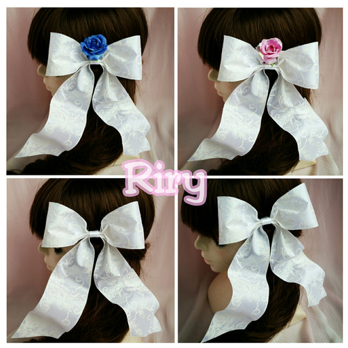 大きなリボン♡白ワイヤー入りリボン薔薇柄オーロラ♡白サテンワイヤー
