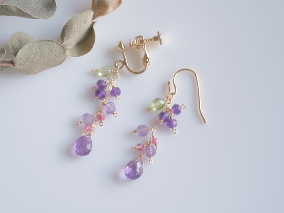 Amethyst×peridot×ruby earring：アメジスト×ルビー×ペリドット　イヤリング　ピアス 1枚目の画像