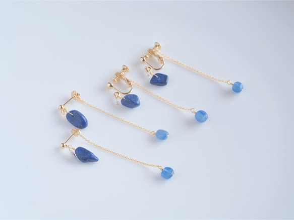Lapis lazuli×Kyanite× earring：ラピスラズリ×カイヤナイト　イヤリング ピアス 天然石ブルー 4枚目の画像