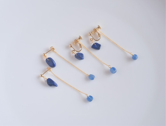 Lapis lazuli×Kyanite× earring：ラピスラズリ×カイヤナイト　イヤリング ピアス 天然石ブルー 5枚目の画像