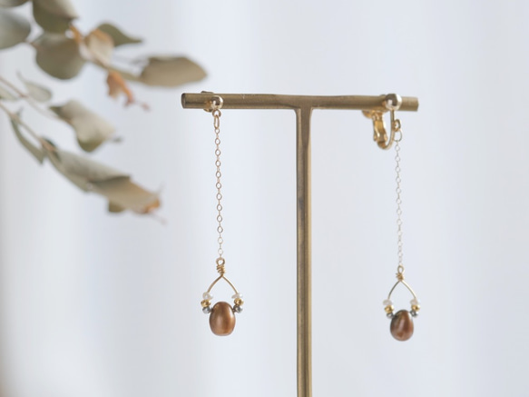 Hnetur earrings：ブロンズパール　ライスパール　ピアス　イヤリング　ロング 1枚目の画像