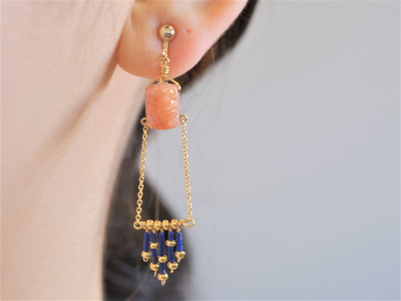 Tapestry earrings:サンストーン×ラピスラズリ　天然石ピアス・イヤリング 7枚目の画像