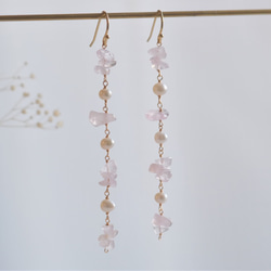 rose quartz earring：ローズクォーツ×パール　天然石ロングイヤリング・ピアス 3枚目の画像