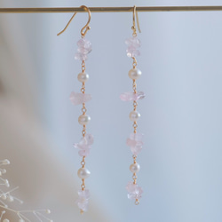 rose quartz earring：ローズクォーツ×パール　天然石ロングイヤリング・ピアス 2枚目の画像