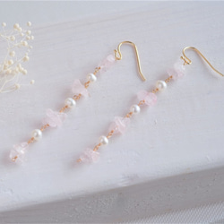 rose quartz earring：ローズクォーツ×パール　天然石ロングイヤリング・ピアス 4枚目の画像