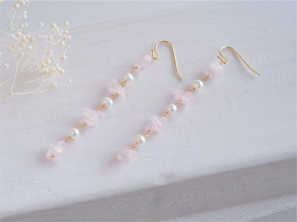 rose quartz earring：ローズクォーツ×パール　天然石ロングイヤリング・ピアス 4枚目の画像