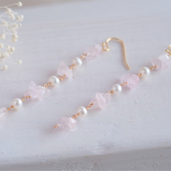 rose quartz earring：ローズクォーツ×パール　天然石ロングイヤリング・ピアス 5枚目の画像