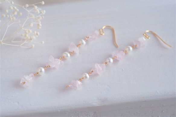 rose quartz earring：ローズクォーツ×パール　天然石ロングイヤリング・ピアス 5枚目の画像