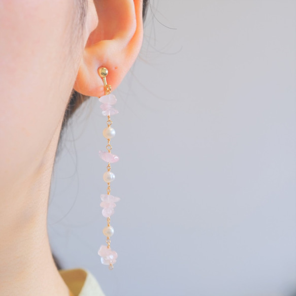 rose quartz earring：ローズクォーツ×パール　天然石ロングイヤリング・ピアス 6枚目の画像